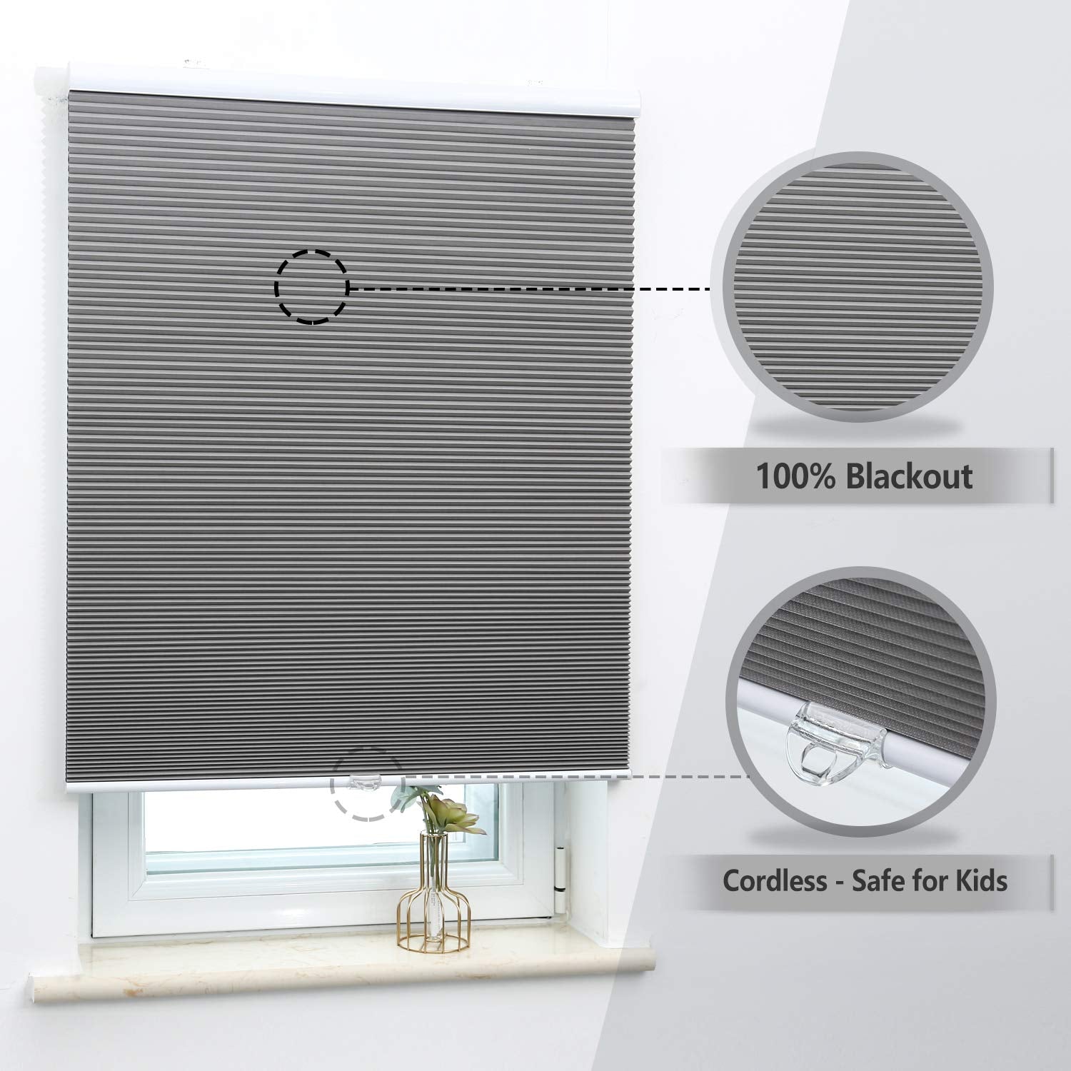 Cellular Shades Cordless Blackout Honeycomb Blinds Fabric Window Shades 33'' W X 38'' H, Cool Silver(Blackout)